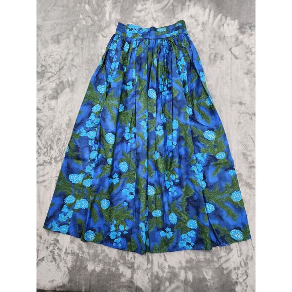 Vintage 40s VIP Fabrics Floral Pleated Maxi Skirt Size S Blue Green Metal Zip - Picture 1 of 7